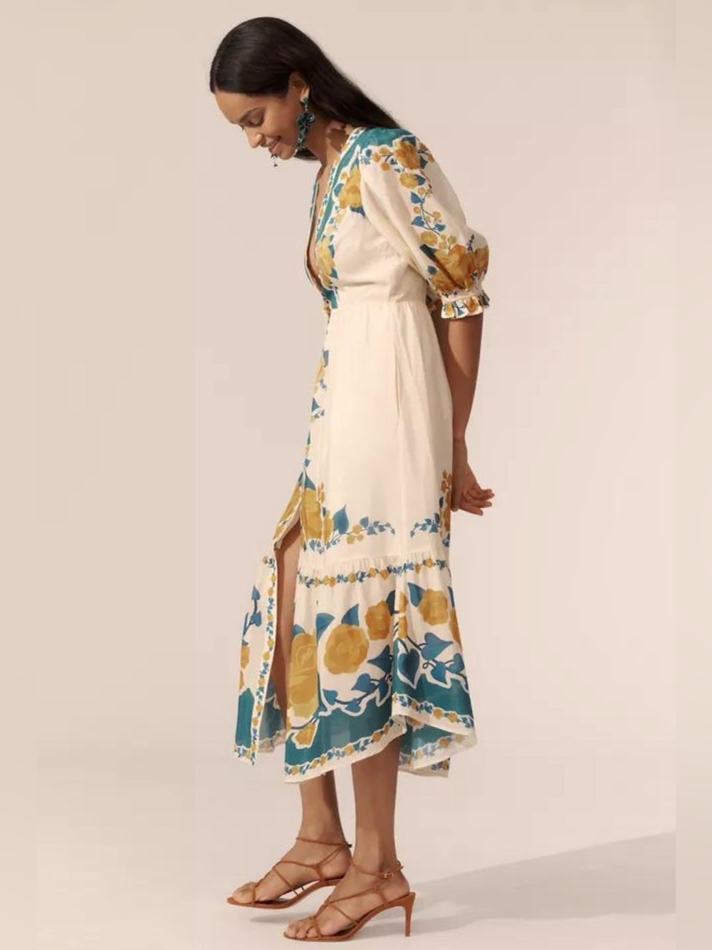 FARM Rio x Anthropologie Puff Sleeve Floral Midi Dress L - Picture 2 of 8